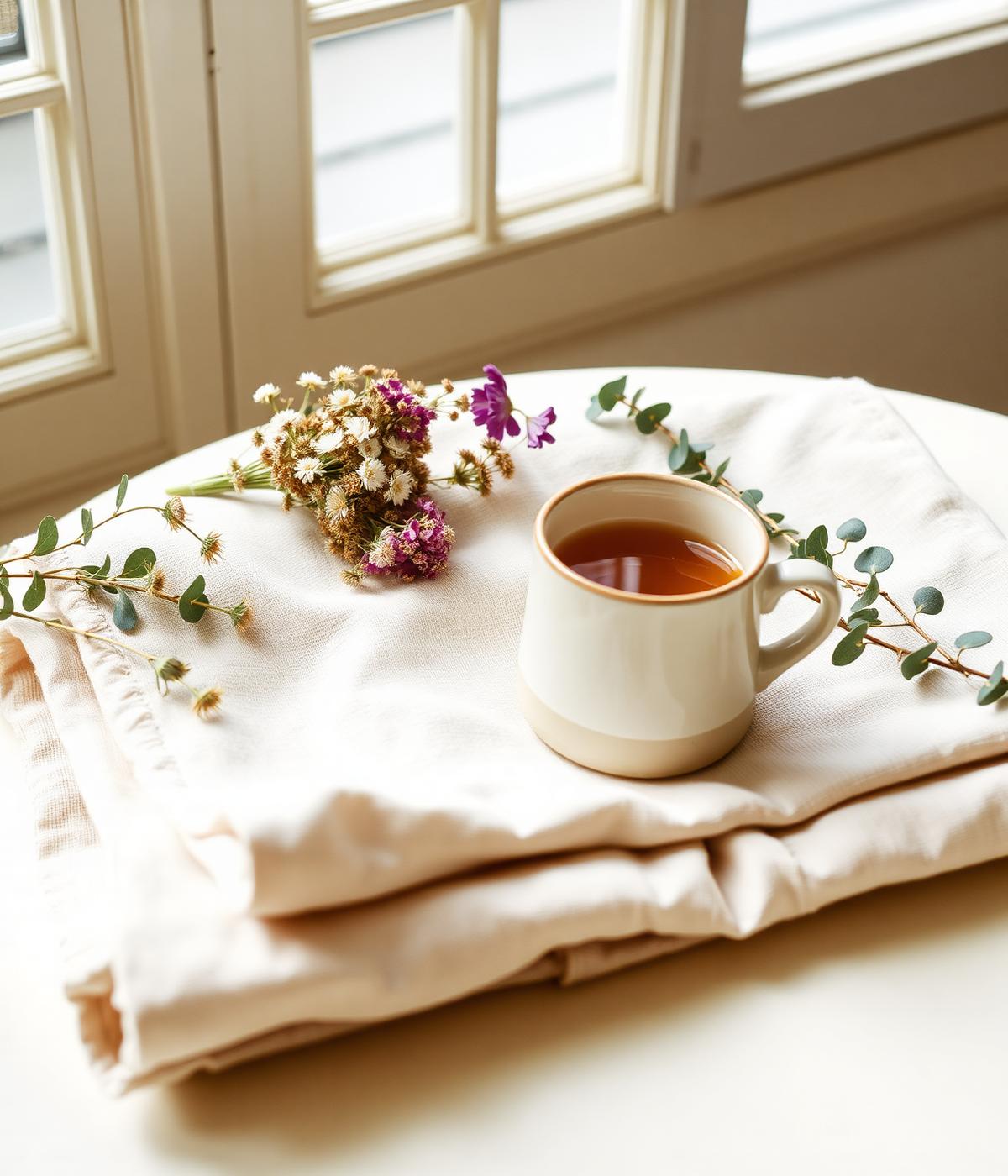 A warm ceramic mug of tea on soft linen with dried wildflowers